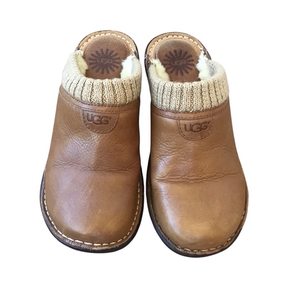 UGG Gael Chestnut Brown Leather Wedge Clogs Size 7 - Picture 4 of 6